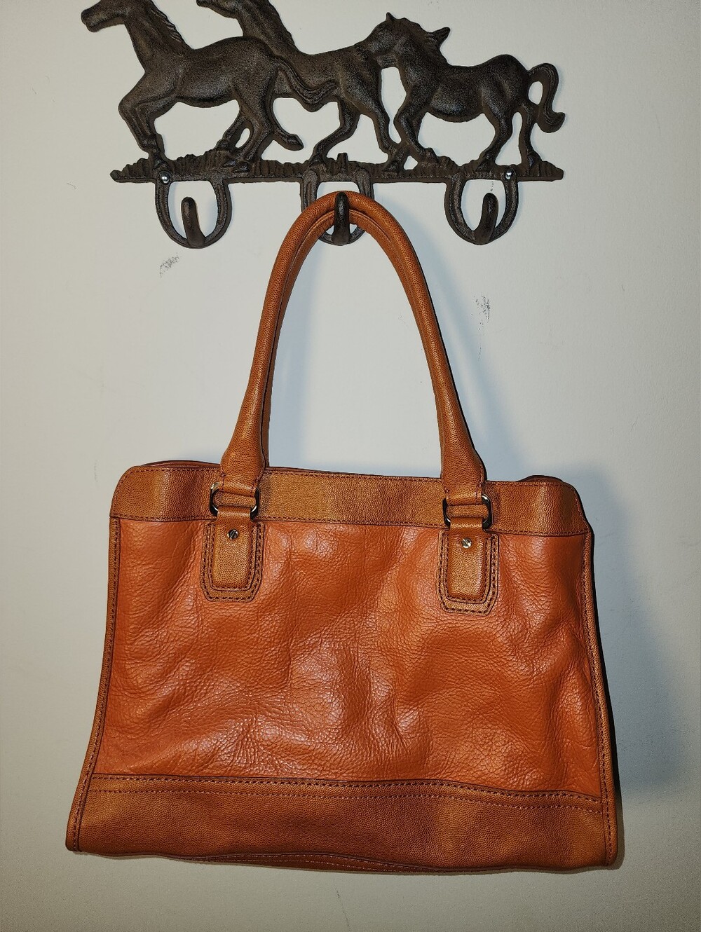 Cole Haan Burnt Orange Textured Leather Kendra Valise Tote Purse Caramel Trim - Picture 7 of 9
